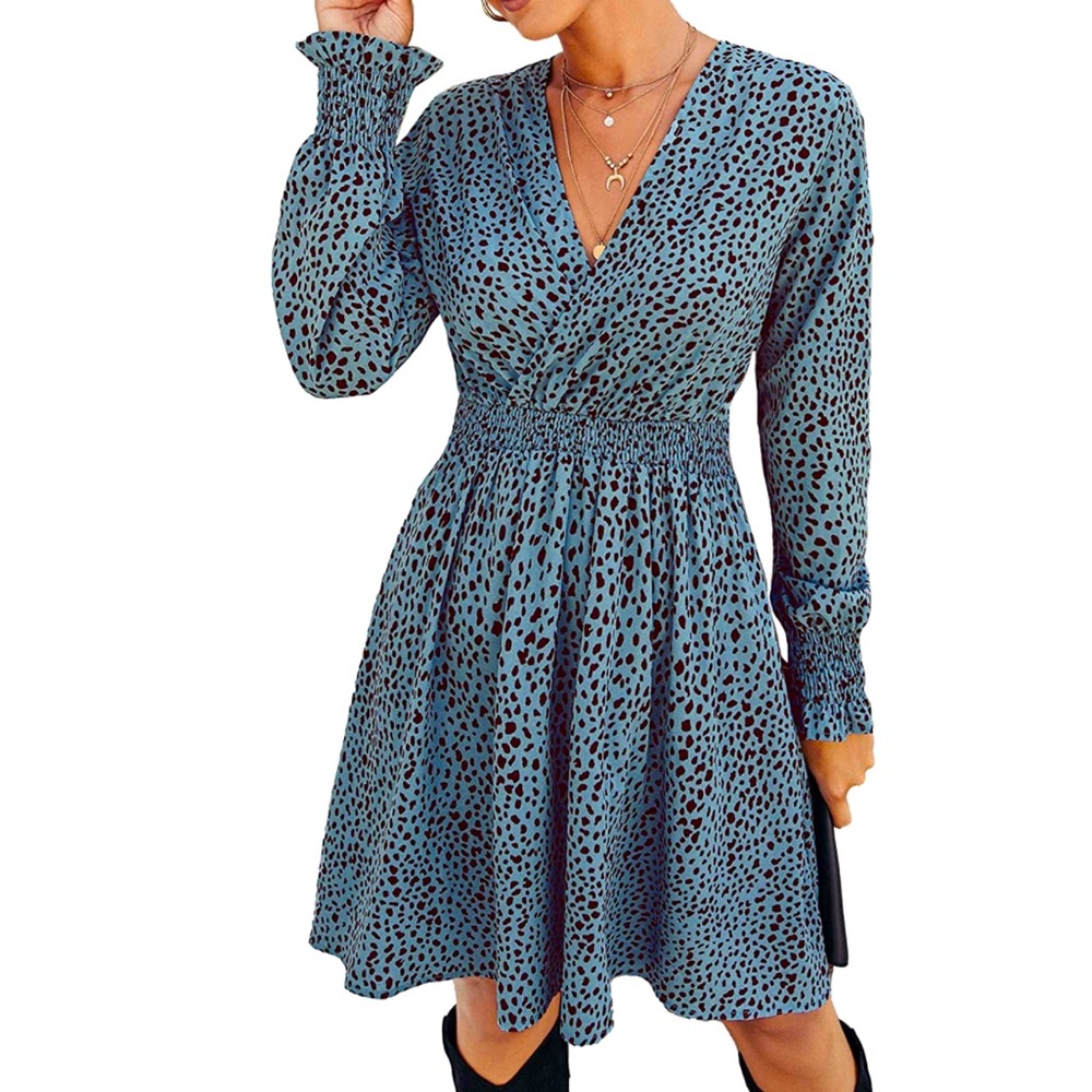 NWT Leopard Mini Dress Long Sleeve V Neck High Waist Chiffon Swing A-Line Dress